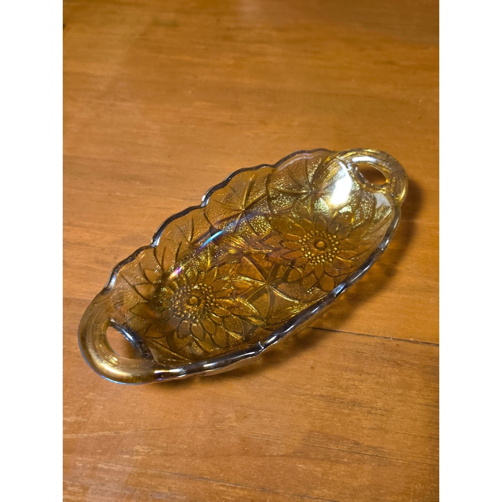 Vintage Amber Carnival Glass Sunflower Relish Dish Iridescent Scalloped Tray 9.5